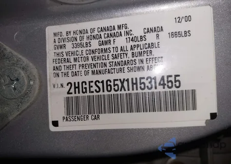 2001 Honda Civic Lx from USA, damaged, VIN 2HGES165X1H531455